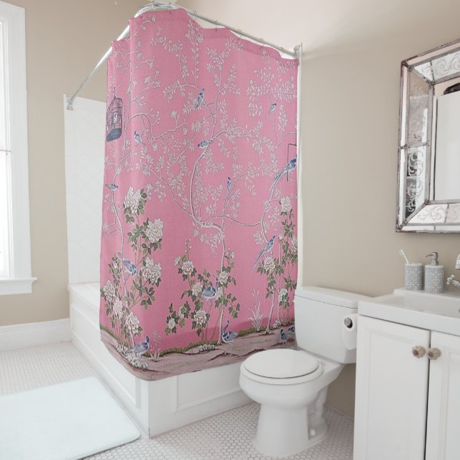 Rideaux De Douche Chinoiserie rose (En situation)