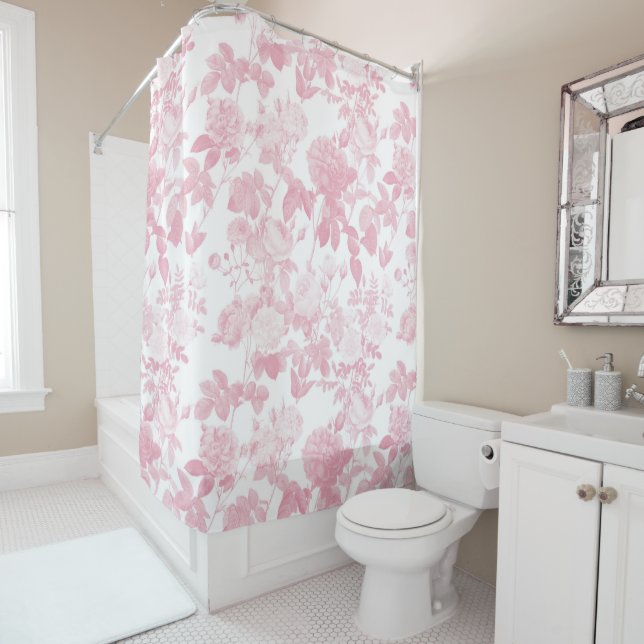 Rideaux De Douche Chinoiserie Rose rose blanche (En situation)