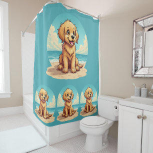 Rideaux De Douche Chiot doré mignon sur une scène de plage ensoleill