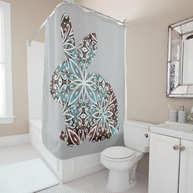Rideaux De Douche Chocolat Brown et bleu turquoise Mandala Bunny (En situation)