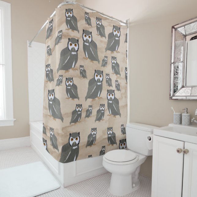 Rideaux De Douche Chouette Motif & Bois rustique (En situation)