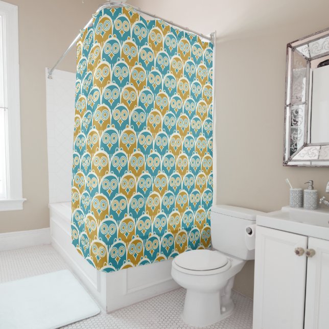 Rideaux De Douche Chouettes à bec moutarde et bleu turquoise (En situation)