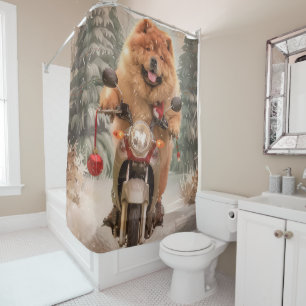 Rideaux De Douche Chow Chow Chien chevauchant la moto Noël