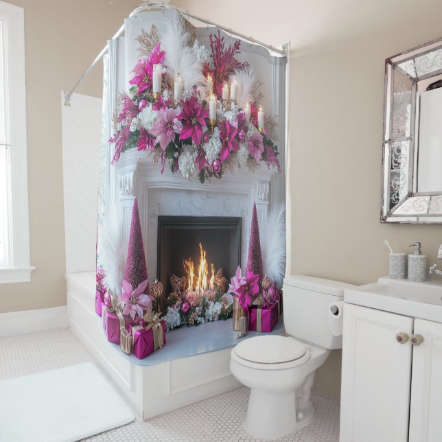 Rideaux De Douche Christmas Fireplace Candles Elegant Pink White   (En situation)