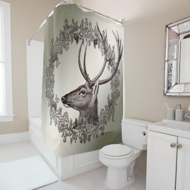 Rideaux De Douche Christmas Party Floral Reindeer Golden Winter (En situation)