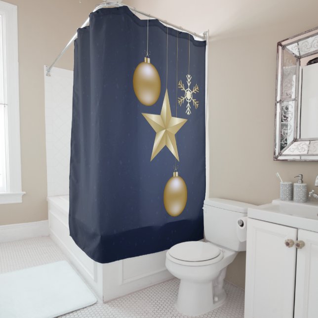 Rideaux De Douche Christmas Party Golden Ornament Navy Blue Elegant (En situation)