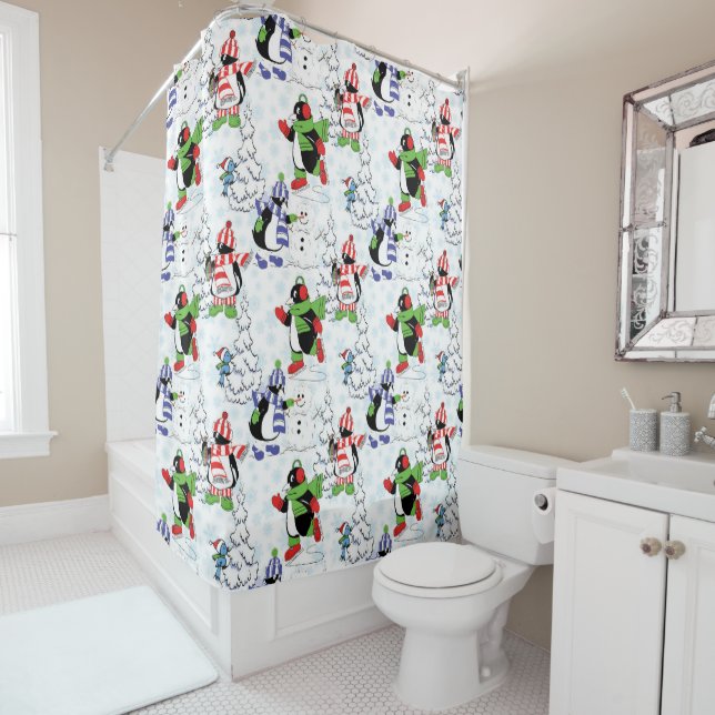 Rideaux De Douche Christmas penguin ice skating (En situation)