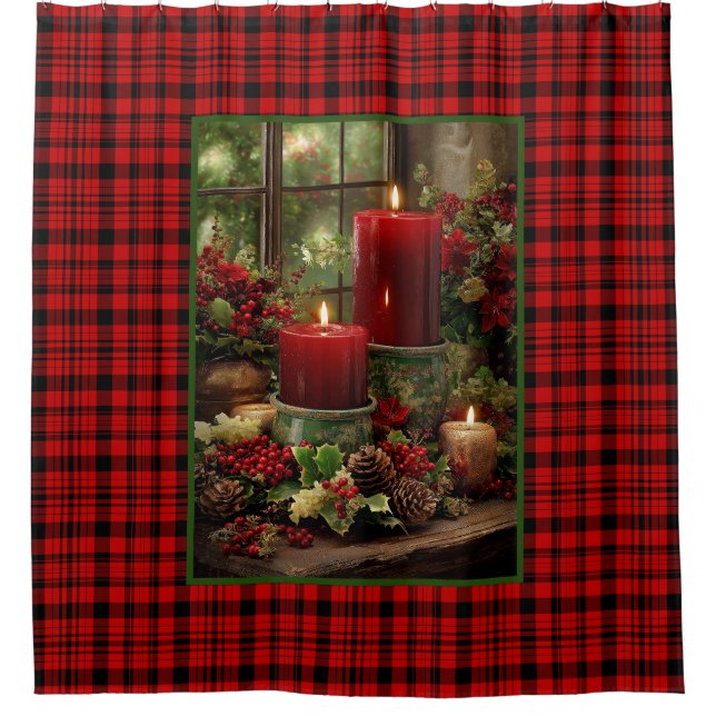 Rideaux De Douche Christmas Red Plaid Red Candles Pine Cones (Devant)