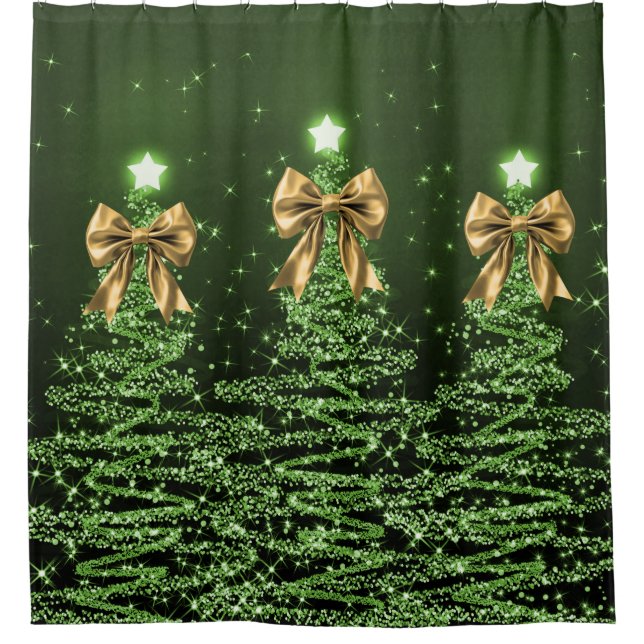 Rideaux De Douche Christmas Sparkling Trees Green Faux Gold Bow  (Devant)