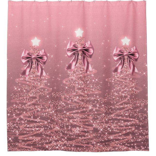 Rideaux De Douche Christmas Sparkling Trees Pink Blush Faux Bow  (Devant)