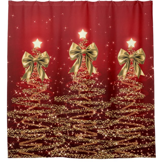Rideaux De Douche Christmas Sparkling Trees Red Gold Faux Bow  (Devant)