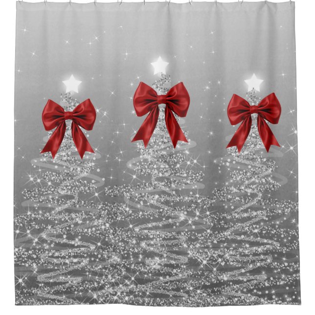 Rideaux De Douche Christmas Sparkling Trees Silver Faux Red Bow  (Devant)