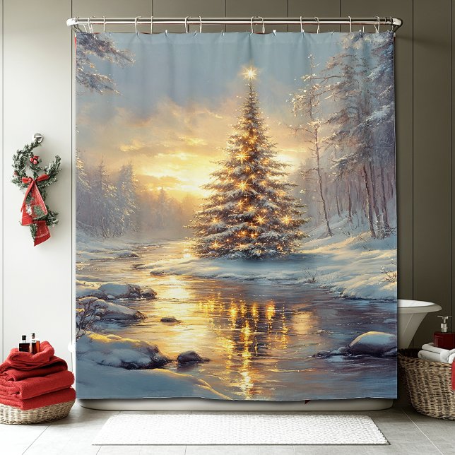 Rideaux De Douche Christmas Tree Winter Forest River (Créateur téléchargé)