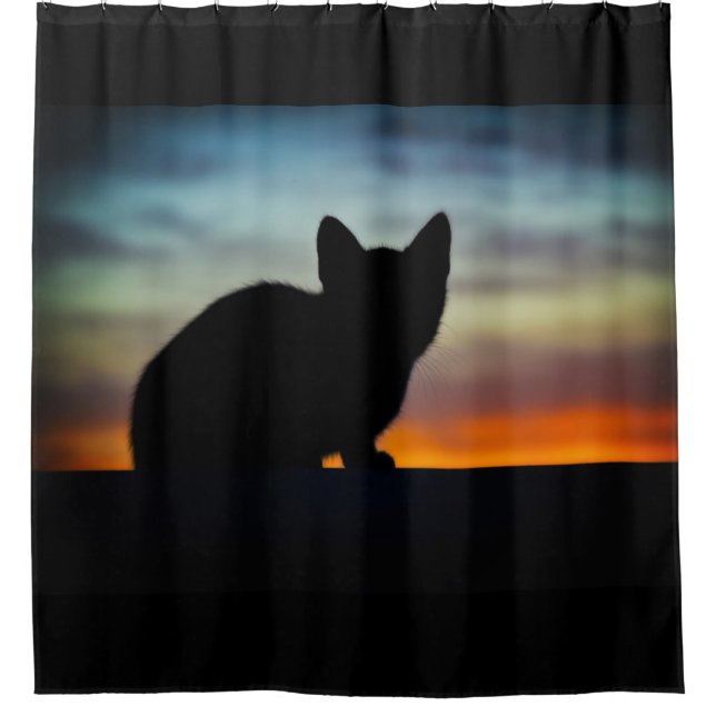 Rideaux De Douche Ciel de coucher du soleil de silhouette de chaton (Devant)