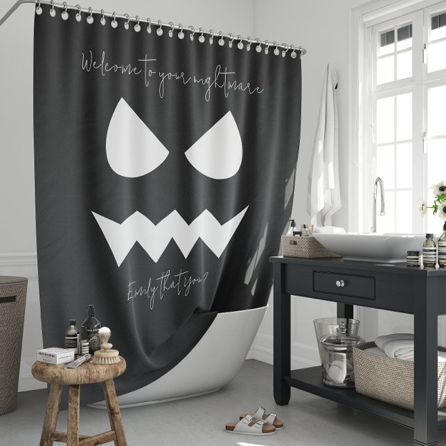 Rideaux De Douche Citation d'Halloween du Citrouille noir blanc effr (Black White Scary Pumpkin Face Halloween Quote Shower Curtain)