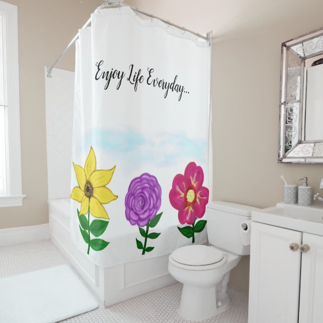 Rideaux De Douche Citation Fleurs Jardin Fuchsia Jaune violet (En situation)