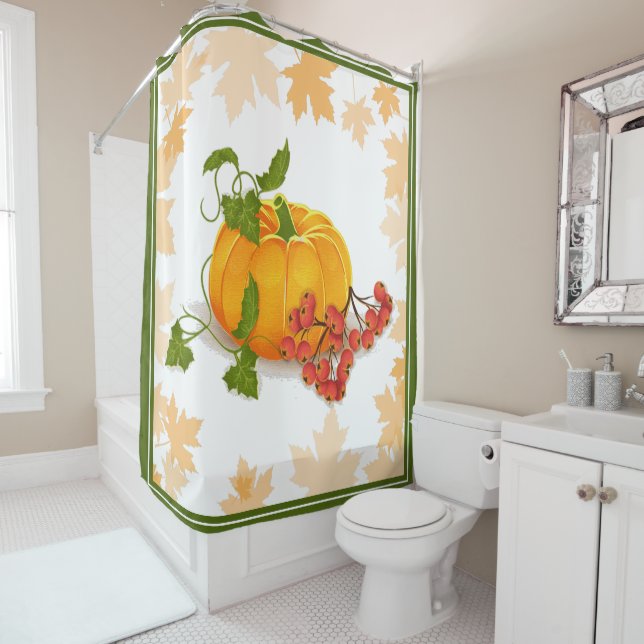 Rideaux De Douche Citrouille, baies et feuilles tombent Thanksgiving (En situation)
