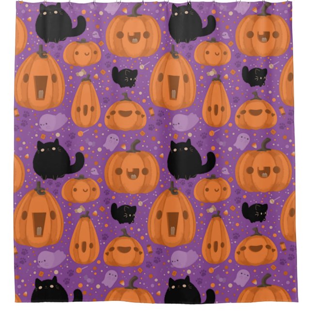 Rideaux De Douche Citrouille de chat noir et Motif de fantôme (Devant)
