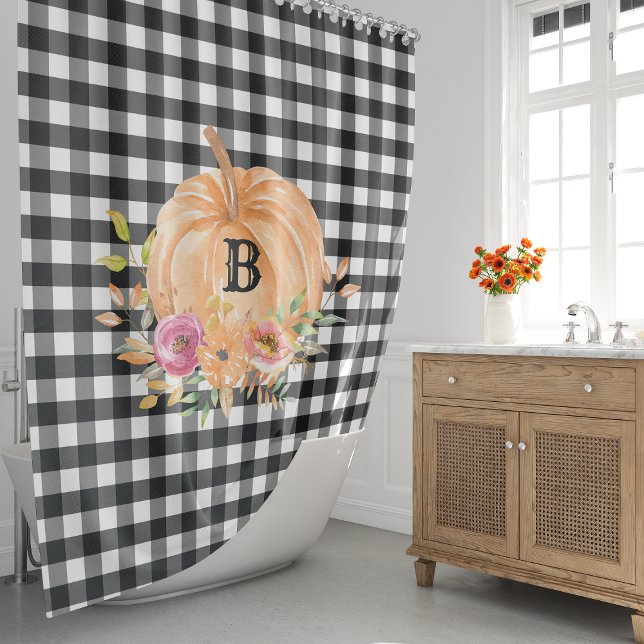 Rideaux De Douche Citrouille monogramme de Buffalo Plaid (Créateur téléchargé)