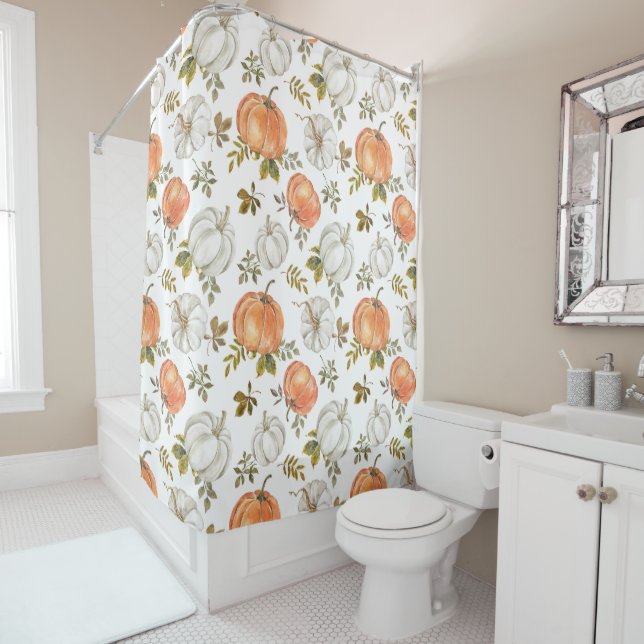 Rideaux De Douche Citrouilles d'aquarelle et Motif d'automne de feui (En situation)