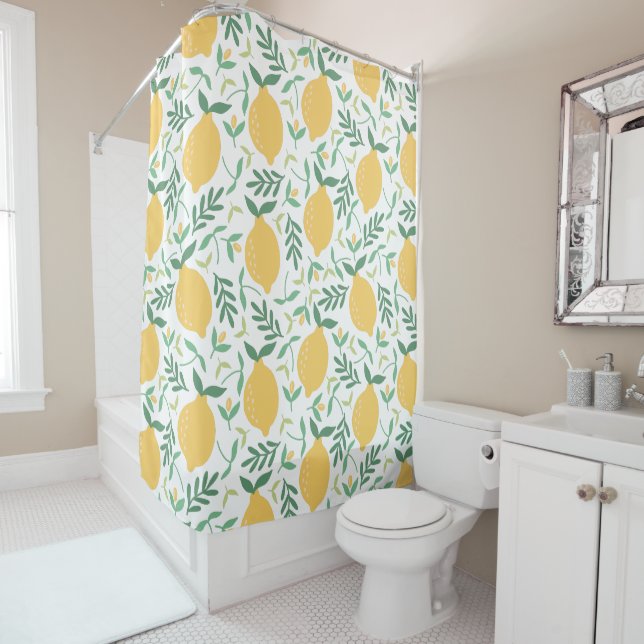 Rideaux De Douche Citrus de citron jaune Feuilles de verdure estival (En situation)