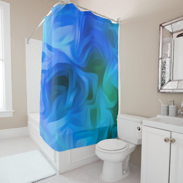 RIDEAUX DE DOUCHE CLAIR BLEU MODERNE TENDANCE ABSTRAITE (En situation)