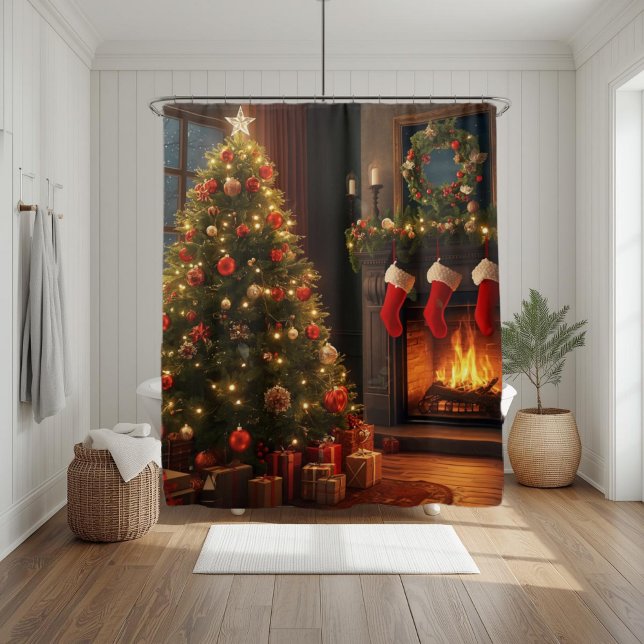 Rideaux De Douche Classic Cozy Fireplace & Christmas Tree  (Créateur téléchargé)