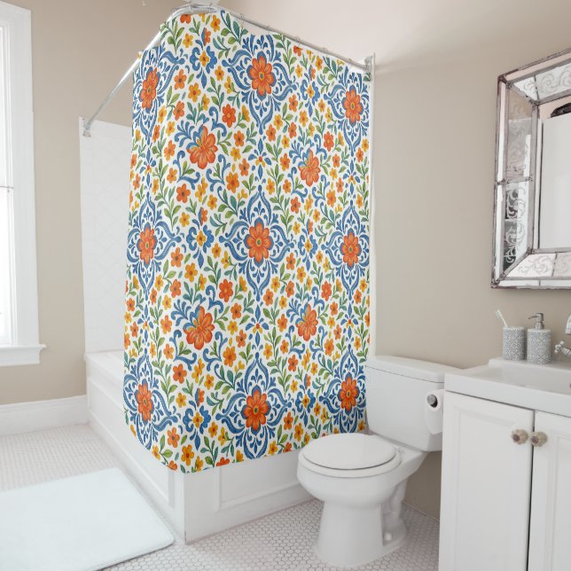 Rideaux De Douche Classic Ethnic Méditerranéen Floral Art Motif (En situation)