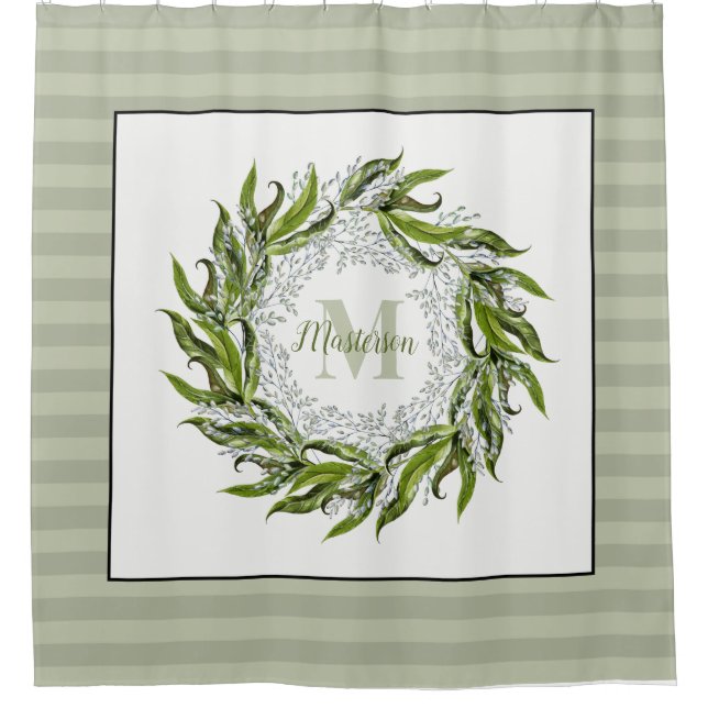 Rideaux De Douche Classic Green Wreath Monogram Sage Stripes  (Devant)
