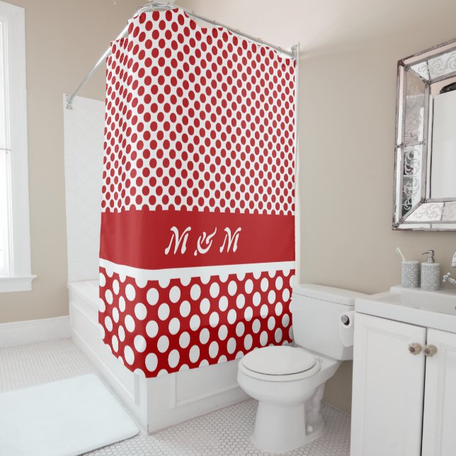 Rideaux De Douche Classic Monogramme Pot Rouge & Blanc Polka (En situation)