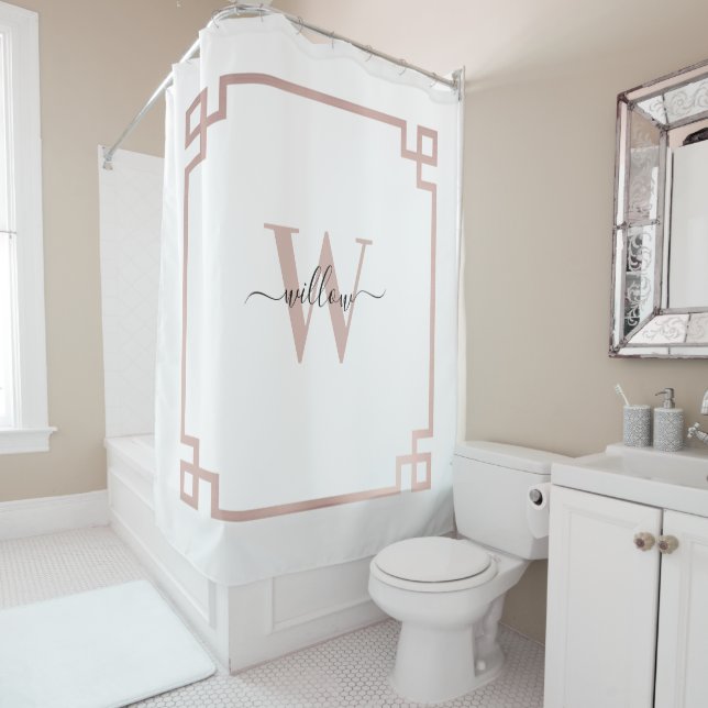 Rideaux De Douche Clé grecque blanche et Rose rose or Monogramme (En situation)