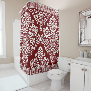 Rideaux De Douche Clé grecque damassée florale rouge profond stylée
