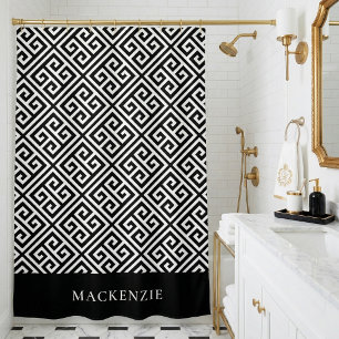 Rideaux De Douche Clé grecque en noir et blanc Monogramme de nom