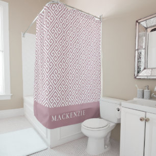 Rideaux De Douche Clé grecque mauve et blanc Monogramme de nom