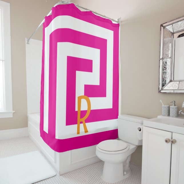 Rideaux De Douche Clé grecque Monogramme Hot rose Orange Blanc Motif (En situation)