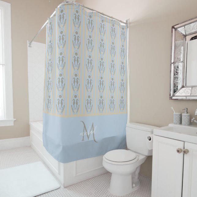 Rideaux De Douche Coastal Seahorse Cameo Blue Cream Strip Monogram  (En situation)