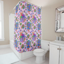 Rideaux De Douche Coccinelles parmi les fleurs sur un coucher de sol