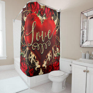 Rideaux De Douche Cœur d'amour scintillant doré et roses rouges roma
