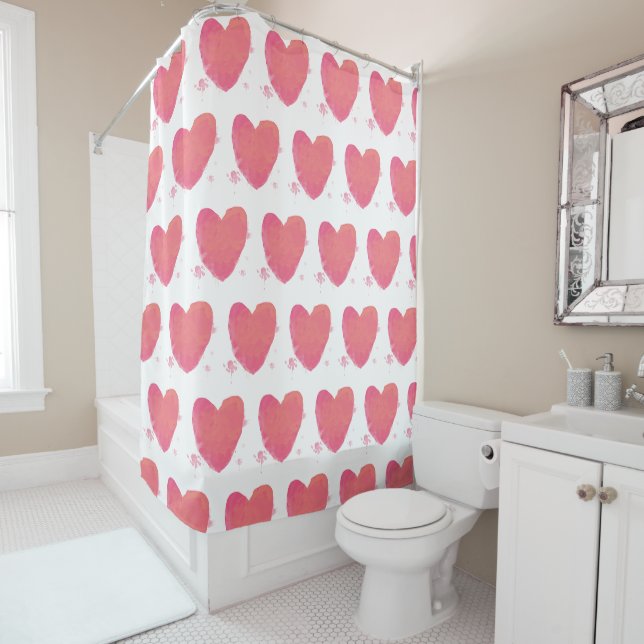Rideaux De Douche Coeur d'aquarelle rose (En situation)