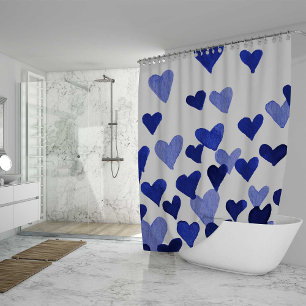 Rideaux De Douche Coeurs aquarelle éclatés en bleu
