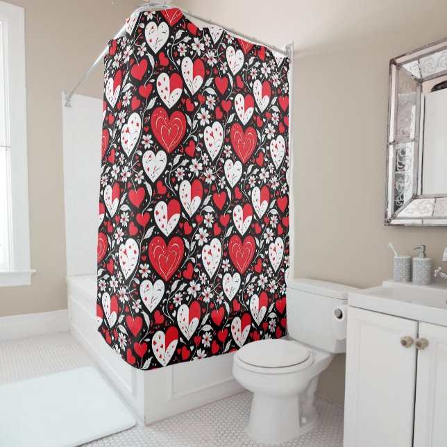 Rideaux De Douche Coeurs et fleurs rouges, noirs et blancs (En situation)