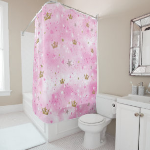Rideaux De Douche Cœurs Étoiles Couronnes de Princesse Rose Paillett