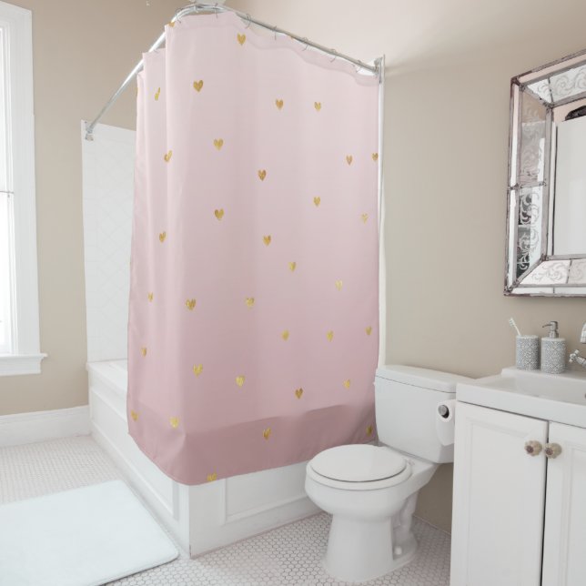 Rideaux De Douche Coeurs Ombres dorés rose (En situation)