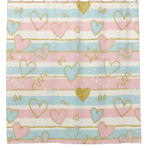 Rideaux De Douche Cœurs pastel élégants avec accents de rayure dorée