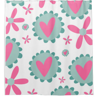 Rideaux De Douche Coeurs Roses Et Fleurs Roses Motif