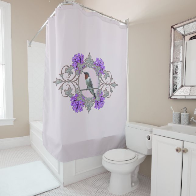 Rideaux De Douche Colibri Throated rouge avec les fleurs pourpres (En situation)