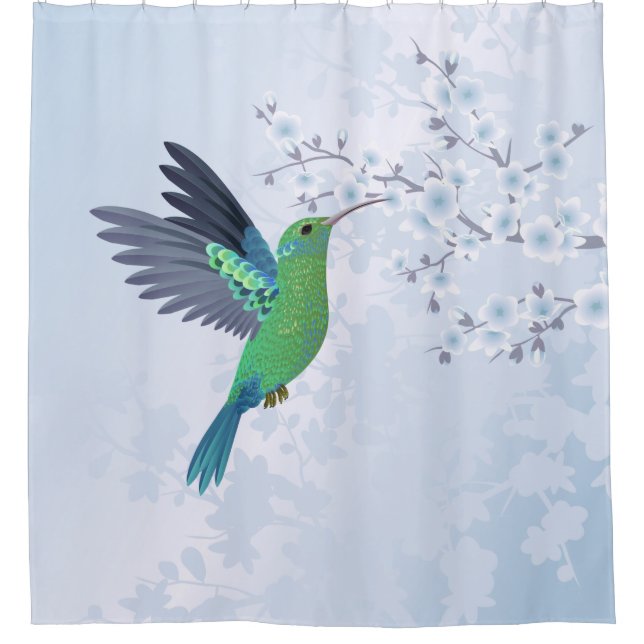 Rideaux De Douche Colibri Vert Avec Fleur De Cerisier Bleu (Devant)