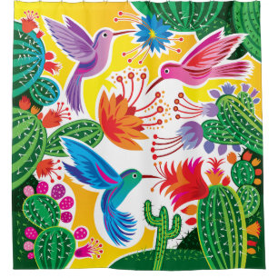 Rideaux De Douche Colibris et cactus en fleurs