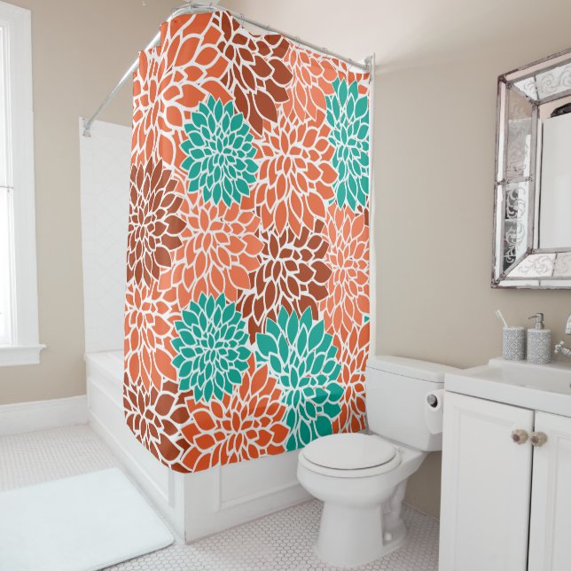 Rideaux De Douche Collage bleu turquoise, corail et bronze (En situation)