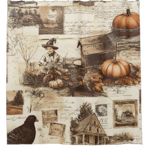 Rideaux De Douche Collage d'automne vintage Ephémère sépitique rus